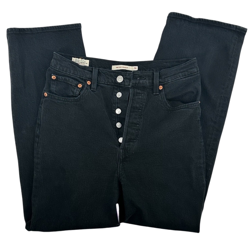 Levi's Premium Ribcage‎ Straight Jeans W28 L27 Black High Rise Button Fly Ankle - Picture 2 of 15